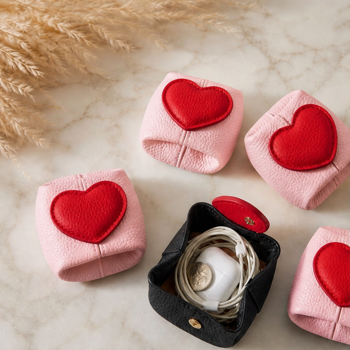Pebble &amp; Heart – Top-Grain Leather Squeeze-Top Mini Coin Pouch with Heart Detail + 1+1 FREE