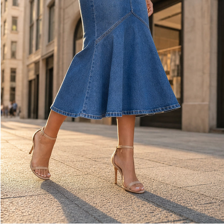 Vesperelle™ – High-Waist Flared Fishtail Denim Midi Skirt + 50% OFF