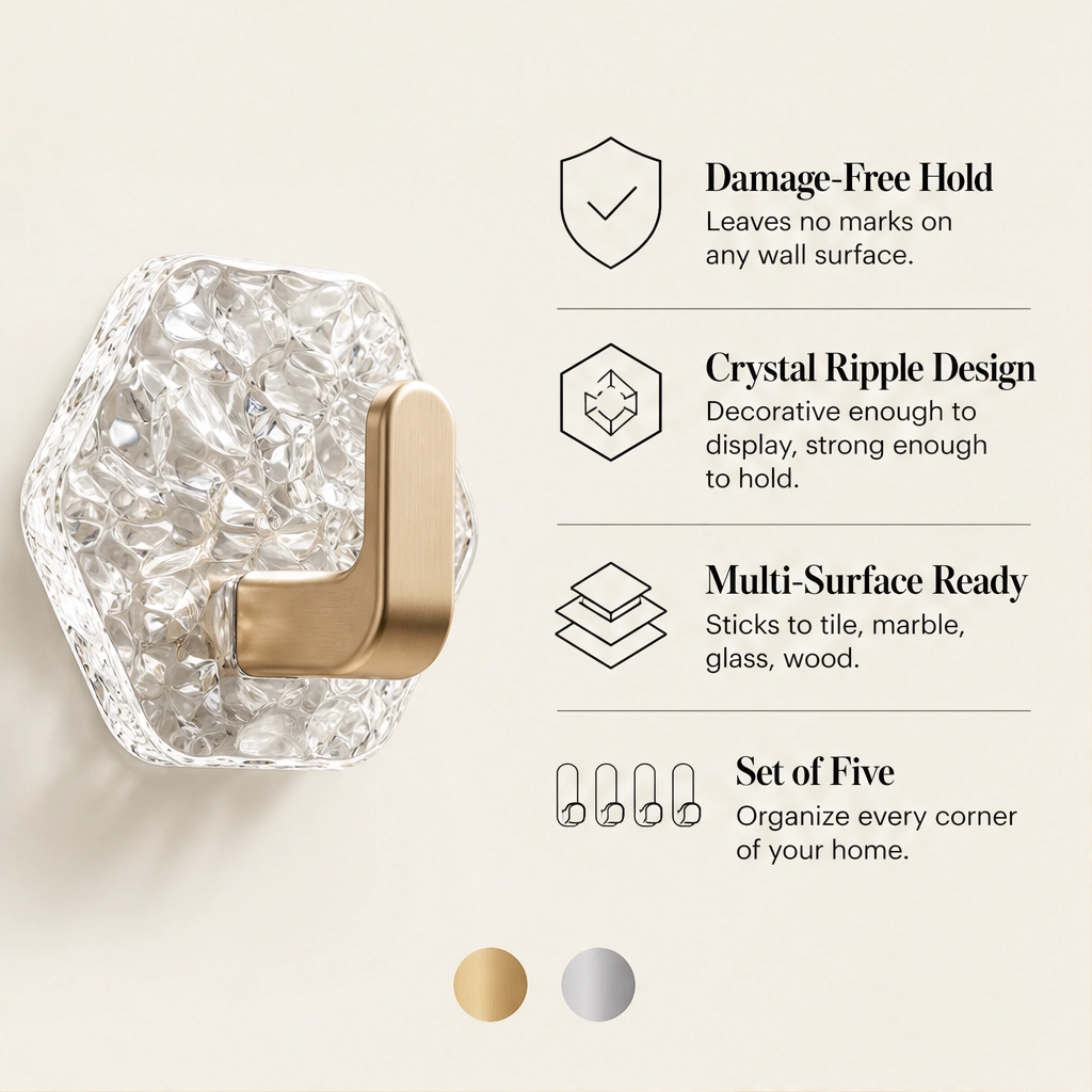 Nooka – Punch-Free Ripple Adhesive Wall Hooks (5-Pack, Holds 3kg, No-Trace) + 50% OFF