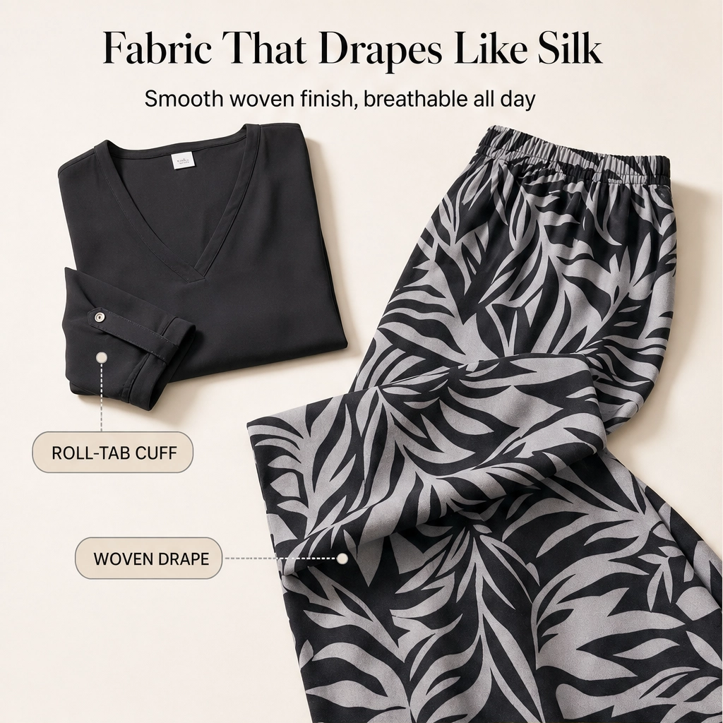 Marisola™ – Effortless V-Neck Blouse &amp; Wide-Leg Palm-Print Pants Set + 50% OFF