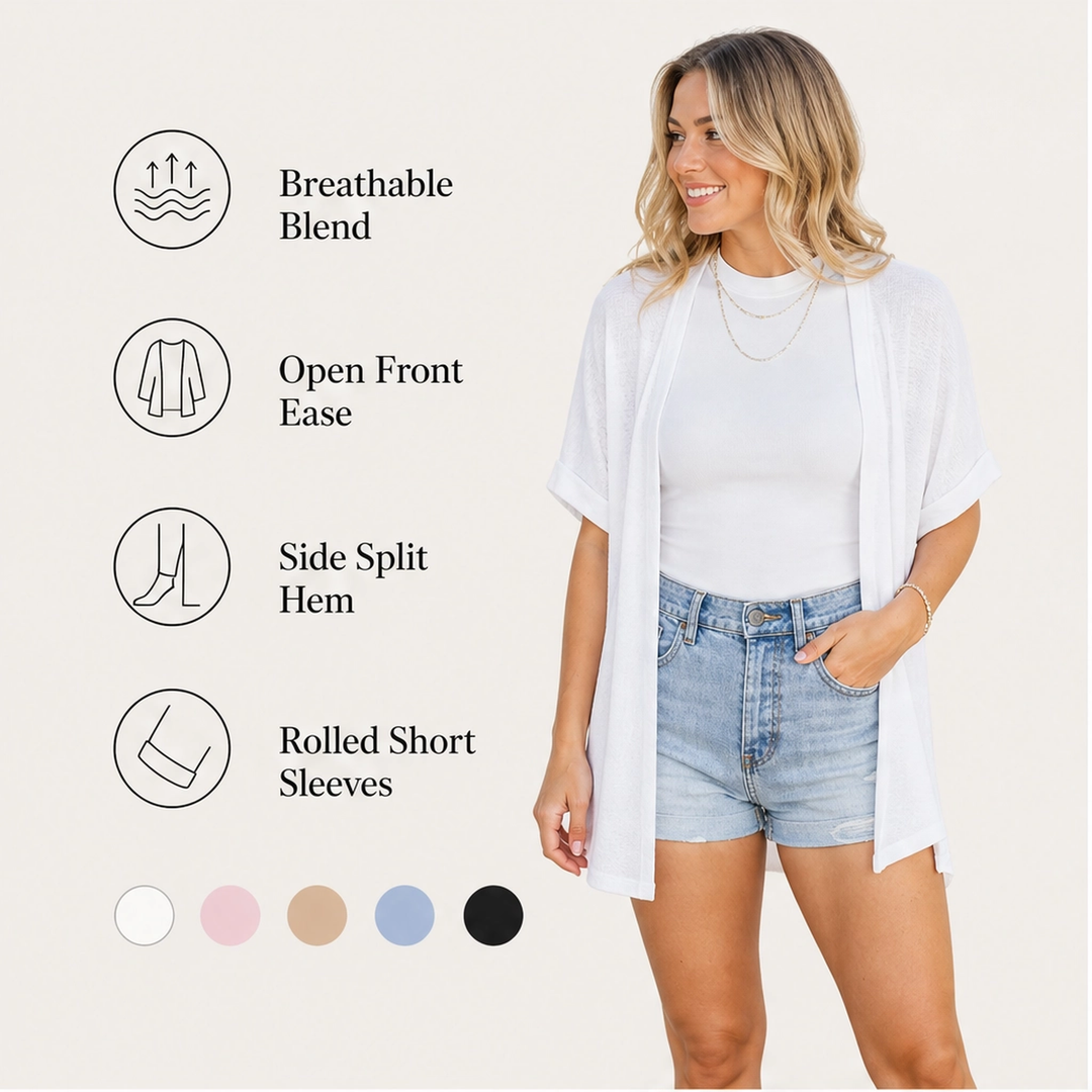 Solène – Lightweight Flowy Open-Front Short-Sleeve Cardigan + 50% OFF