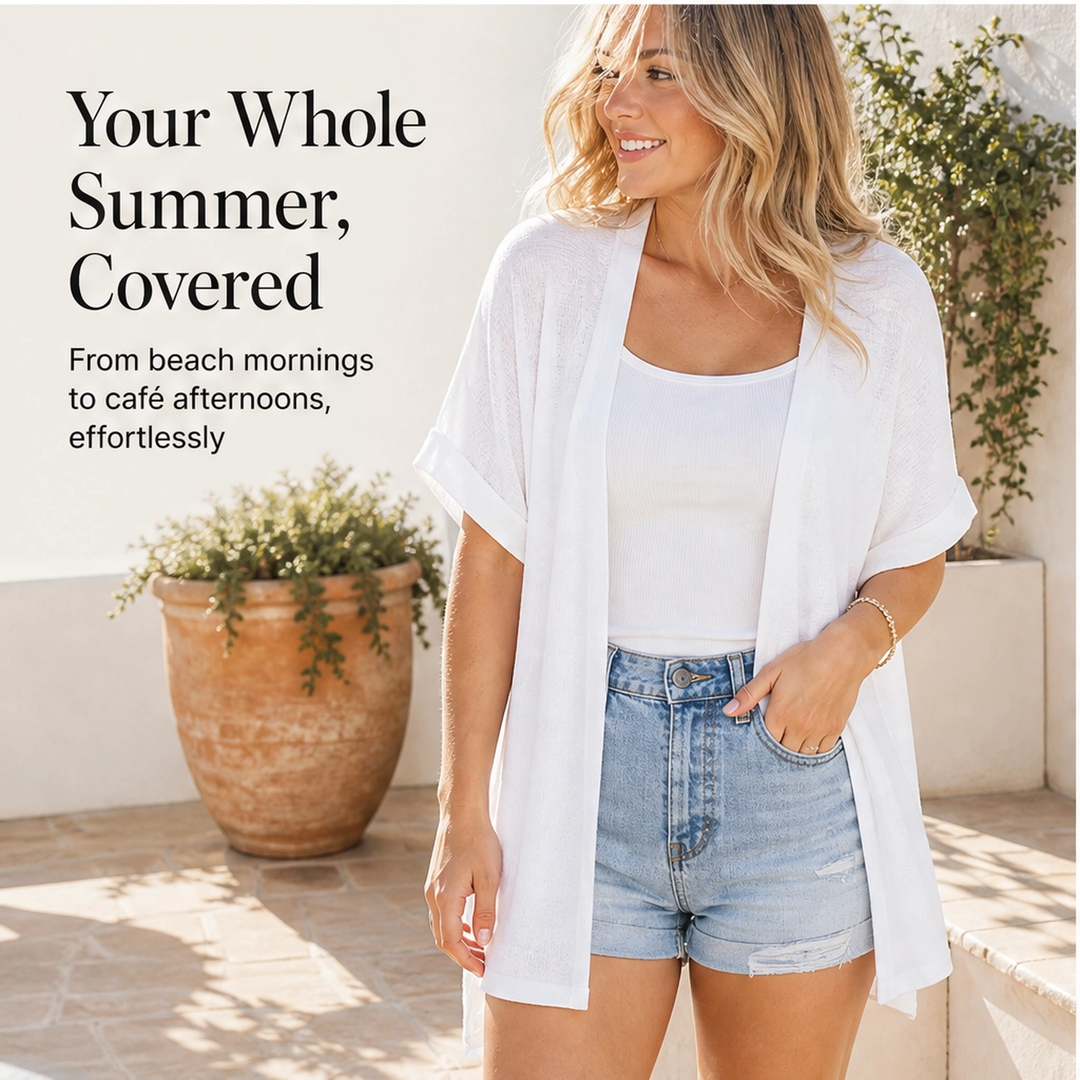 Solène – Lightweight Flowy Open-Front Short-Sleeve Cardigan + 50% OFF