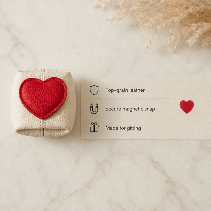 Pebble &amp; Heart – Top-Grain Leather Squeeze-Top Mini Coin Pouch with Heart Detail + 1+1 FREE