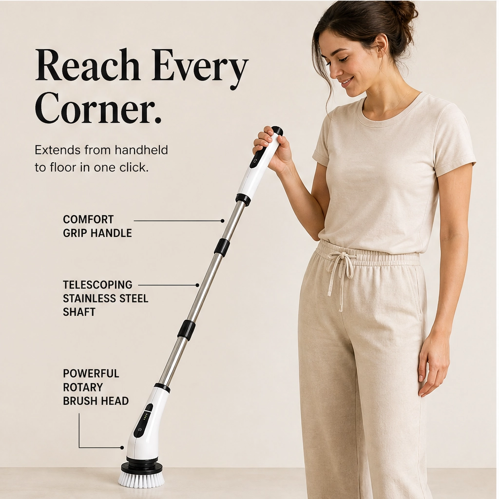 Gleam – Cordless Electric Spin Scrubber with 7 Brush Heads &amp; Telescopic Handle + 50% OFF