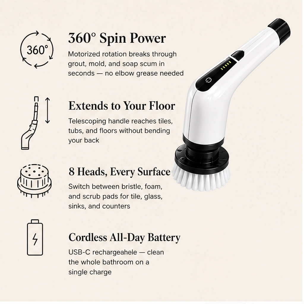 Gleam – Cordless Electric Spin Scrubber with 7 Brush Heads &amp; Telescopic Handle + 50% OFF