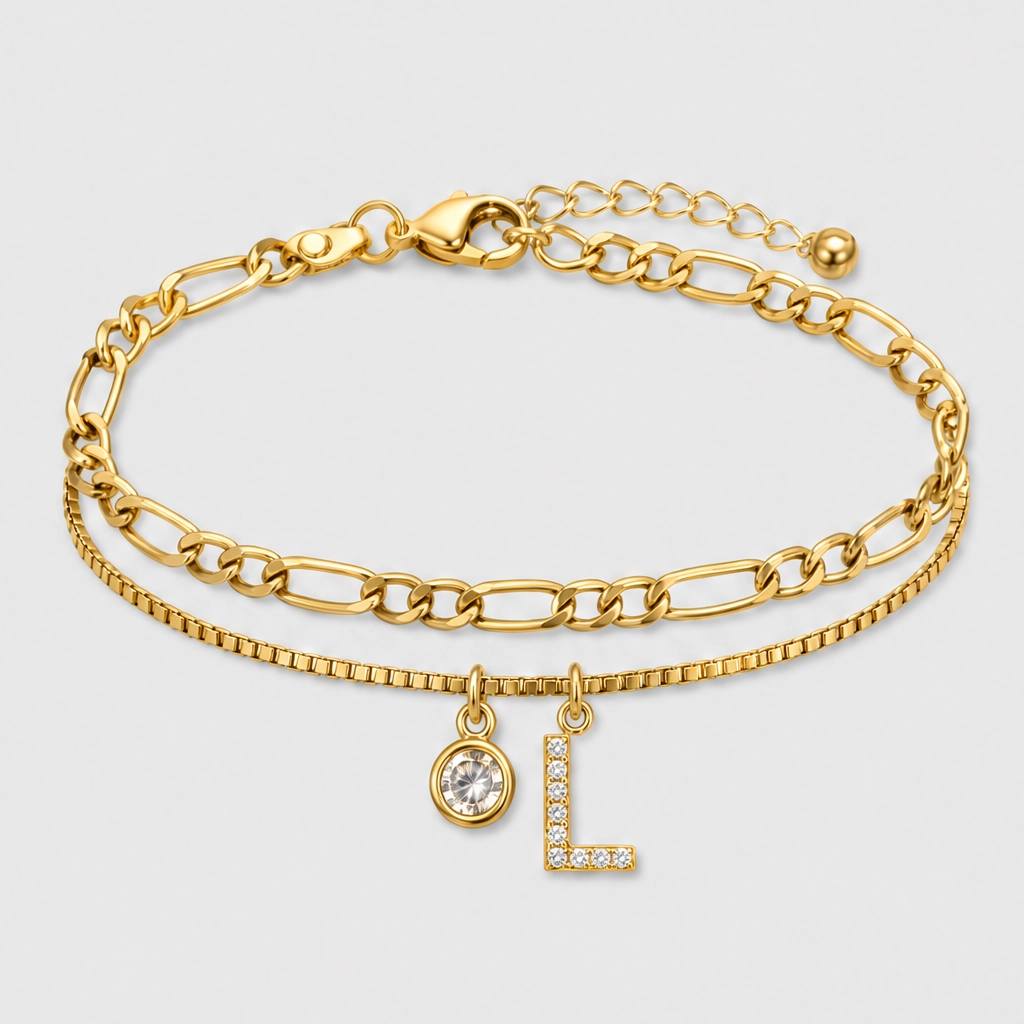 Solène™ – Layered Gold-Tone Anklet with Initial Charm &amp; Rhinestones + 1+1 FREE