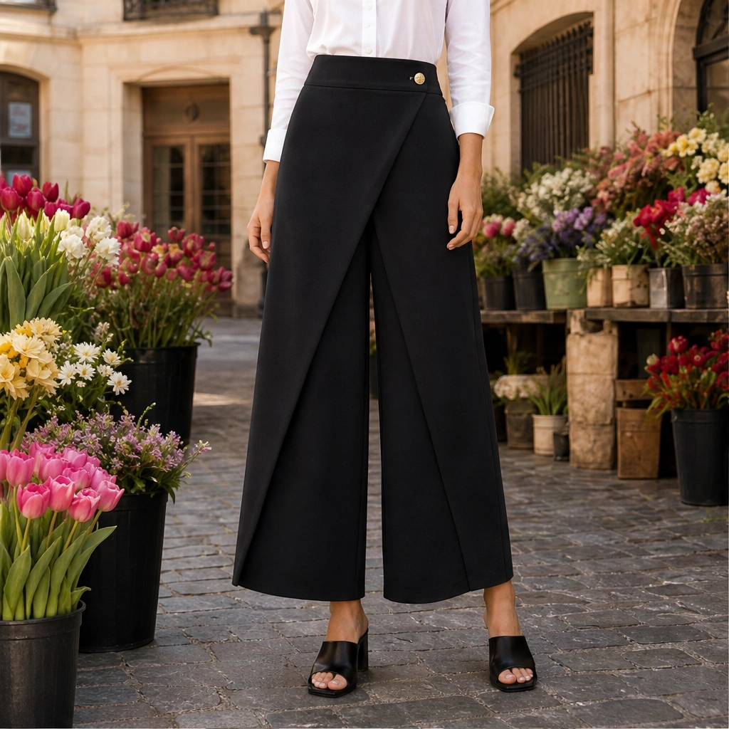Drapelle – High-Waisted Wrap-Front Wide-Leg Cropped Trousers + 50% OFF