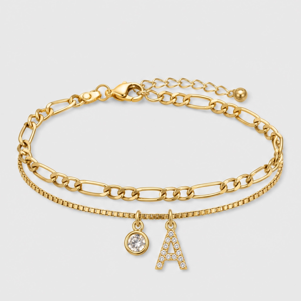 Solène™ – Layered Gold-Tone Anklet with Initial Charm &amp; Rhinestones + 1+1 FREE