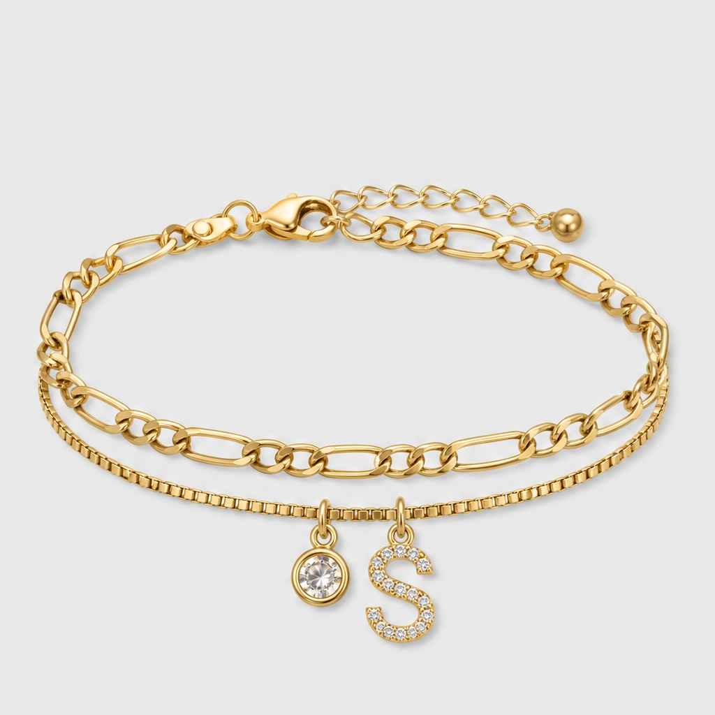 Solène™ – Layered Gold-Tone Anklet with Initial Charm &amp; Rhinestones + 1+1 FREE