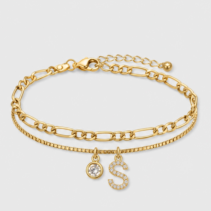 Solène™ – Layered Gold-Tone Anklet with Initial Charm &amp; Rhinestones + 1+1 FREE