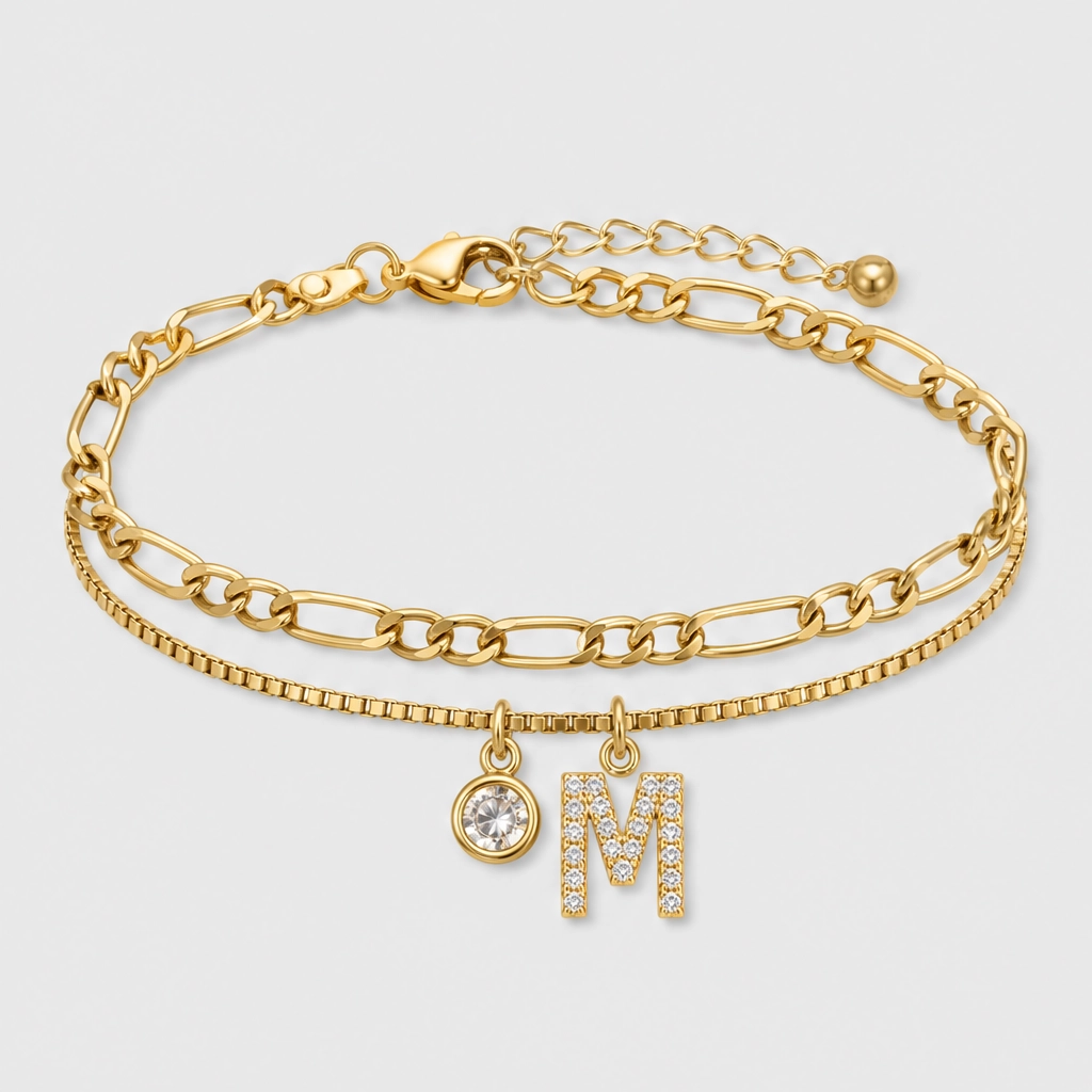 Solène™ – Layered Gold-Tone Anklet with Initial Charm &amp; Rhinestones + 1+1 FREE
