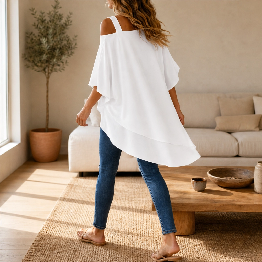Almora™ – Asymmetrical Layered Cold-Shoulder Loose Fit Blouse + 50% OFF