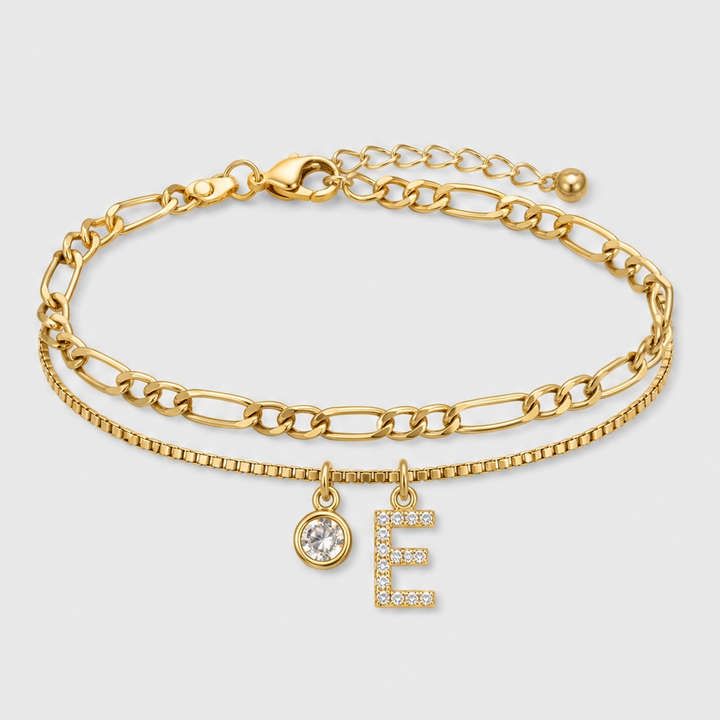 Solène™ – Layered Gold-Tone Anklet with Initial Charm &amp; Rhinestones + 1+1 FREE