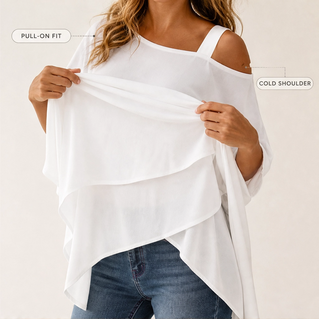 Almora™ – Asymmetrical Layered Cold-Shoulder Loose Fit Blouse + 50% OFF