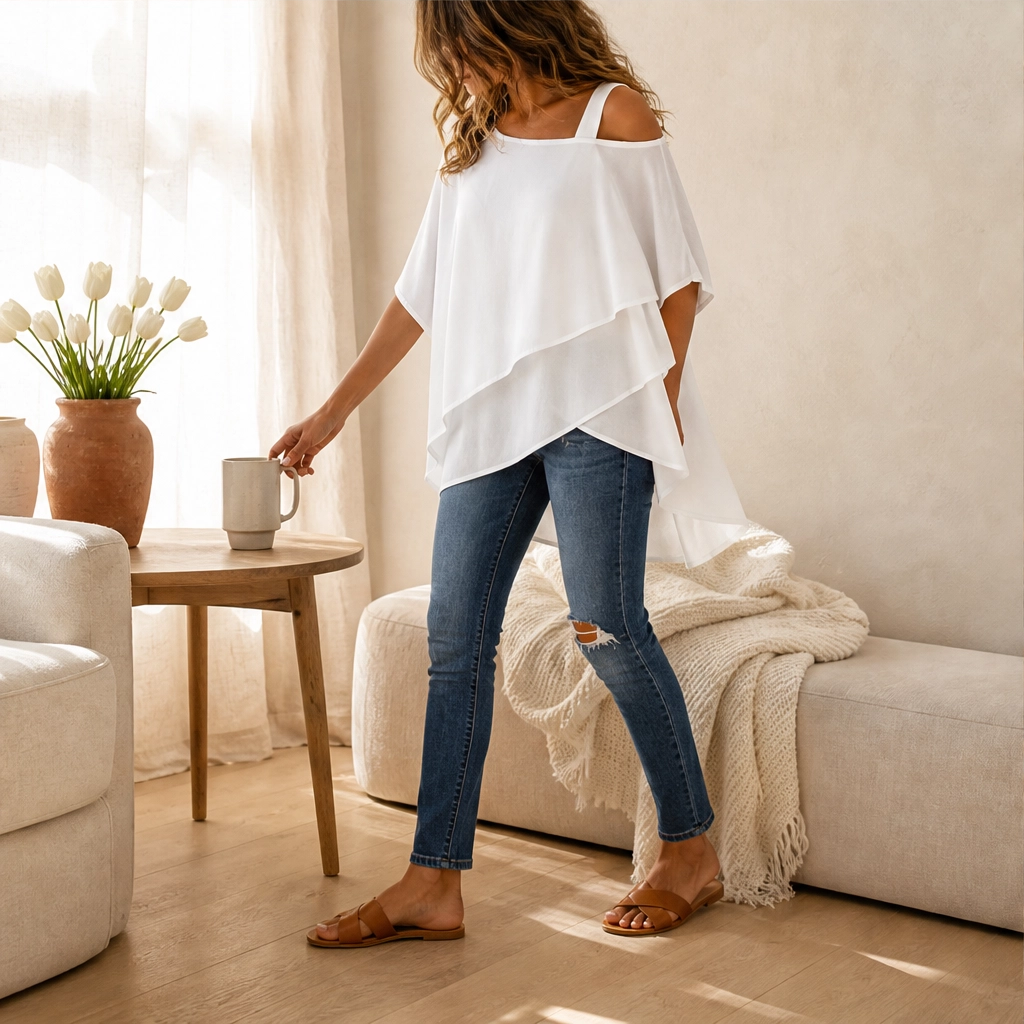 Almora™ – Asymmetrical Layered Cold-Shoulder Loose Fit Blouse + 50% OFF