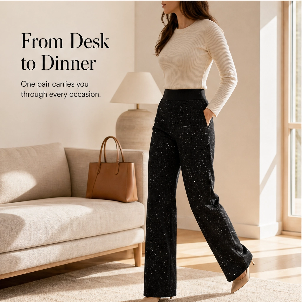 Soirelle – High-Waist Glitter Straight-Leg Trousers + 50% OFF