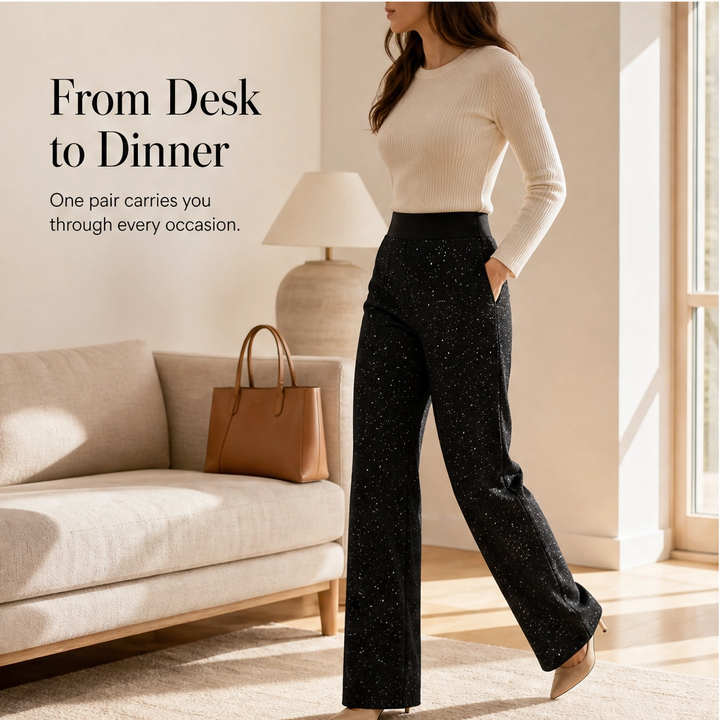 Soirelle – High-Waist Glitter Straight-Leg Trousers + 50% OFF