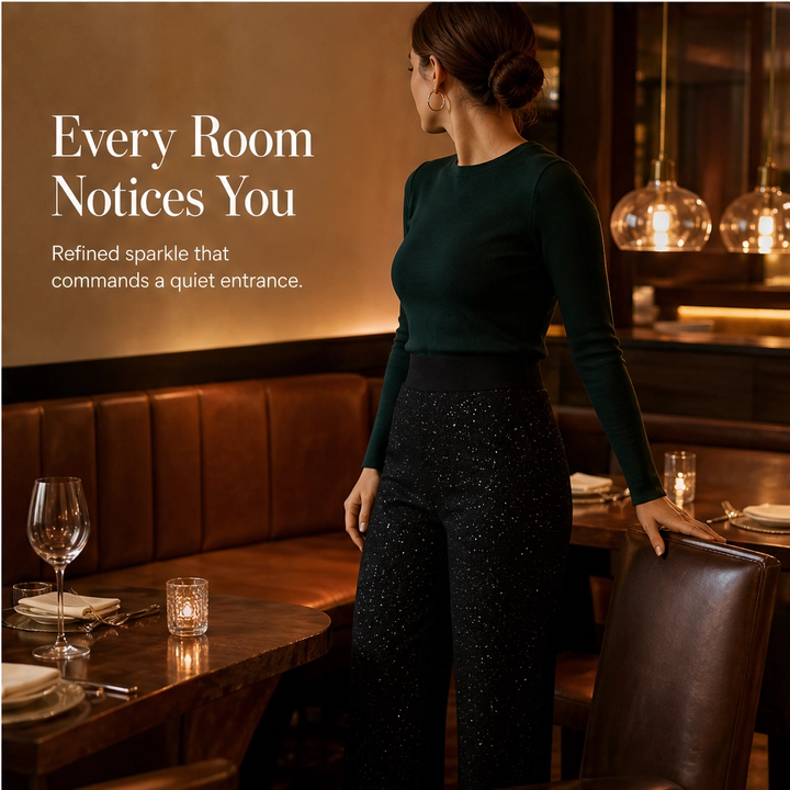 Soirelle – High-Waist Glitter Straight-Leg Trousers + 50% OFF