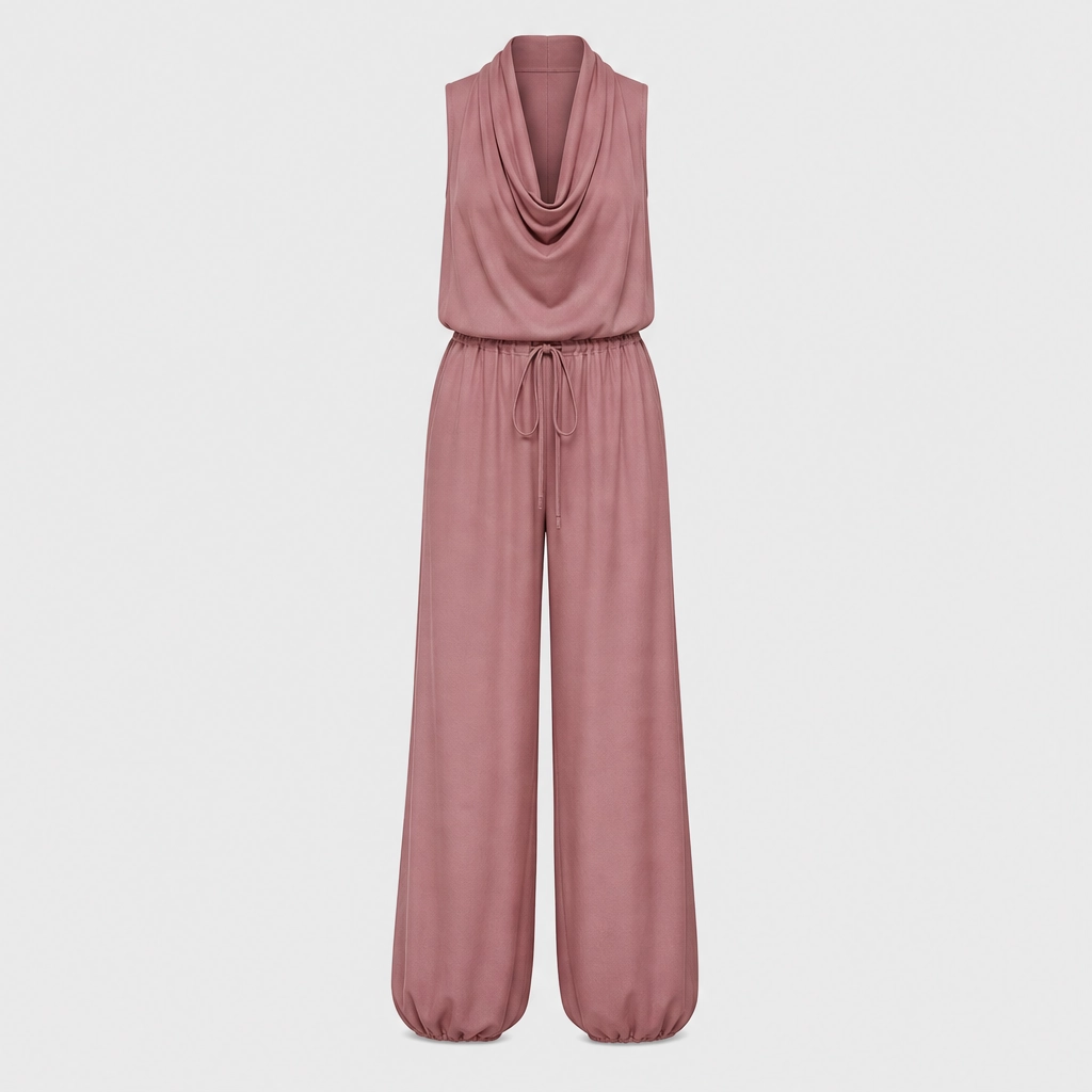 Solenne™ – Draped Cowl-Neck Halter Wide-Leg Jumpsuit + 50% OFF
