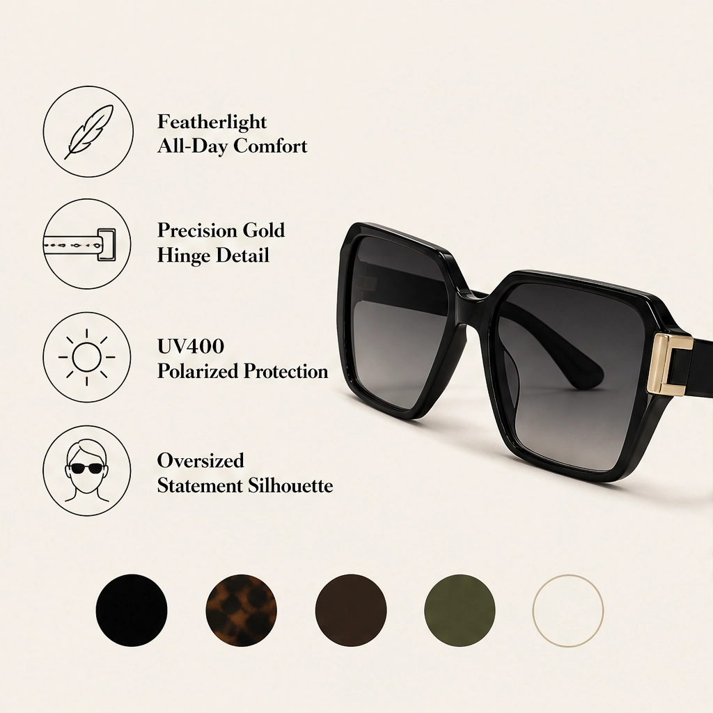 Solenne – Oversized Square UV400 Sunglasses with Gold Hinge Detail + 50% OFF