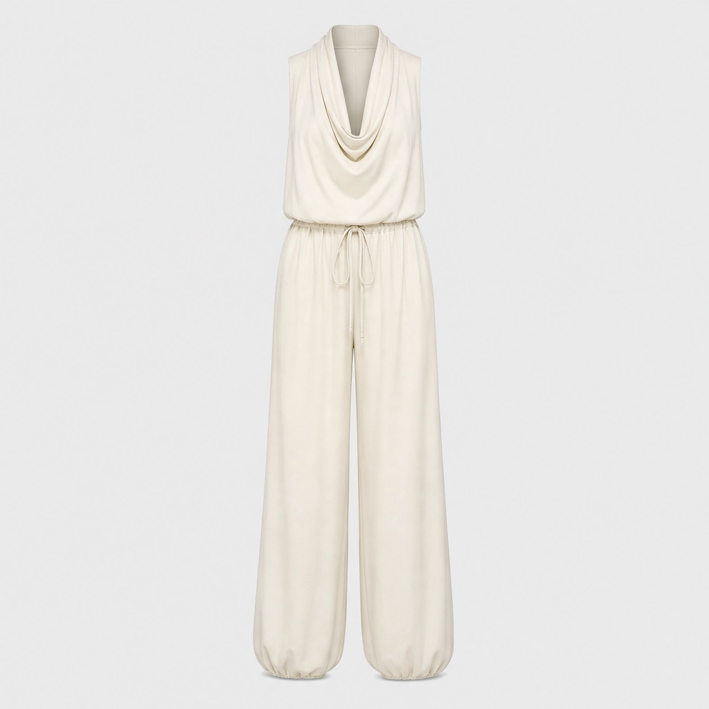 Solenne™ – Draped Cowl-Neck Halter Wide-Leg Jumpsuit + 50% OFF