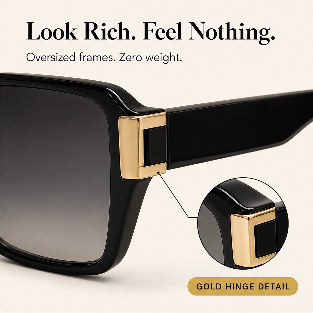 Solenne – Oversized Square UV400 Sunglasses with Gold Hinge Detail + 50% OFF