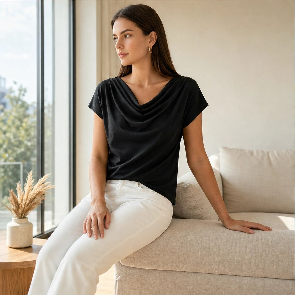 Drapelle™ – Cowl Neck Cap Sleeve Top with Twisted Hem + 50% OFF