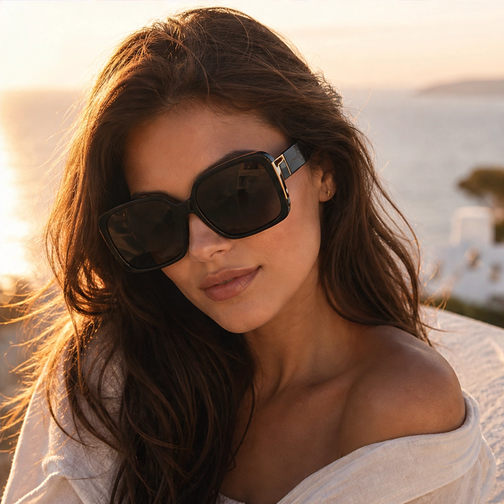 Solenne – Oversized Square UV400 Sunglasses with Gold Hinge Detail + 50% OFF
