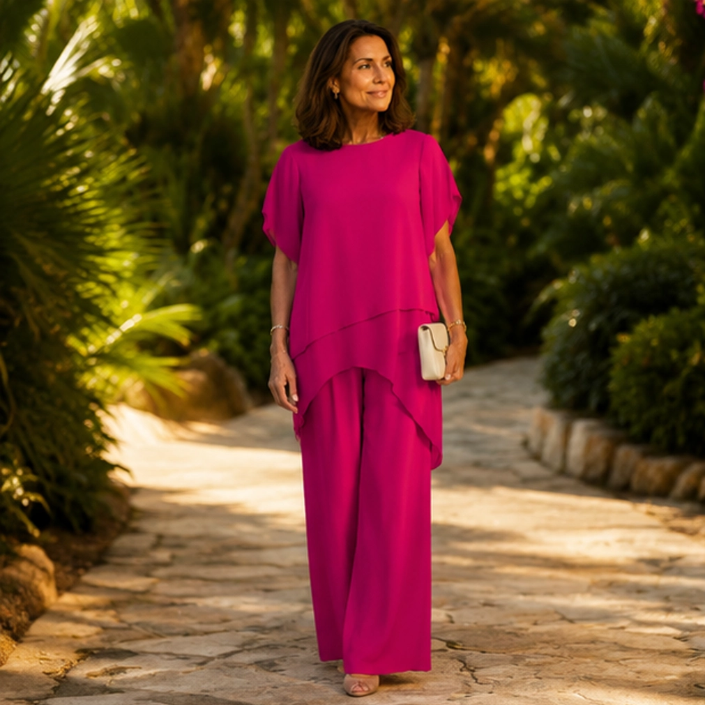 Velora – Asymmetrical Layered Top &amp; Wide-Leg Pants Set + 50% OFF