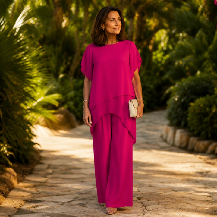 Velora – Asymmetrical Layered Top &amp; Wide-Leg Pants Set + 50% OFF
