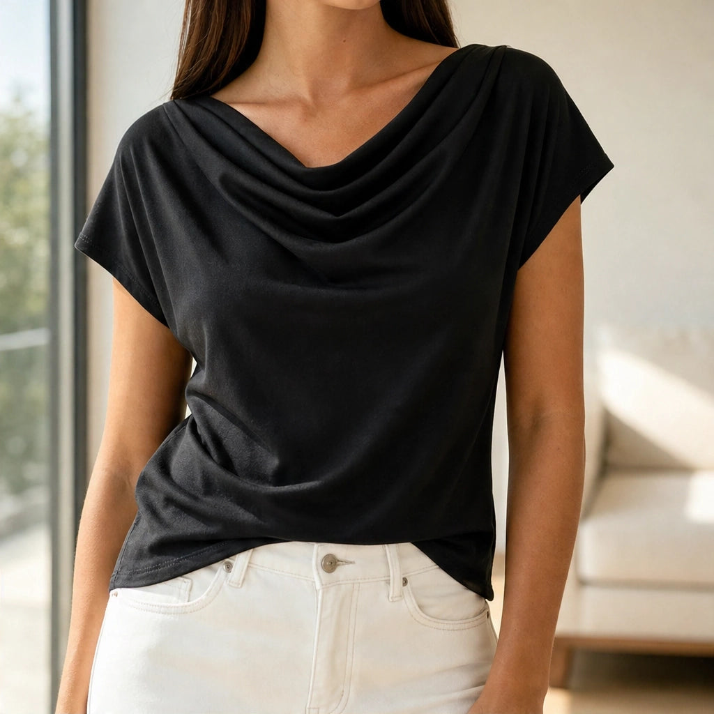 Drapelle™ – Cowl Neck Cap Sleeve Top with Twisted Hem + 50% OFF
