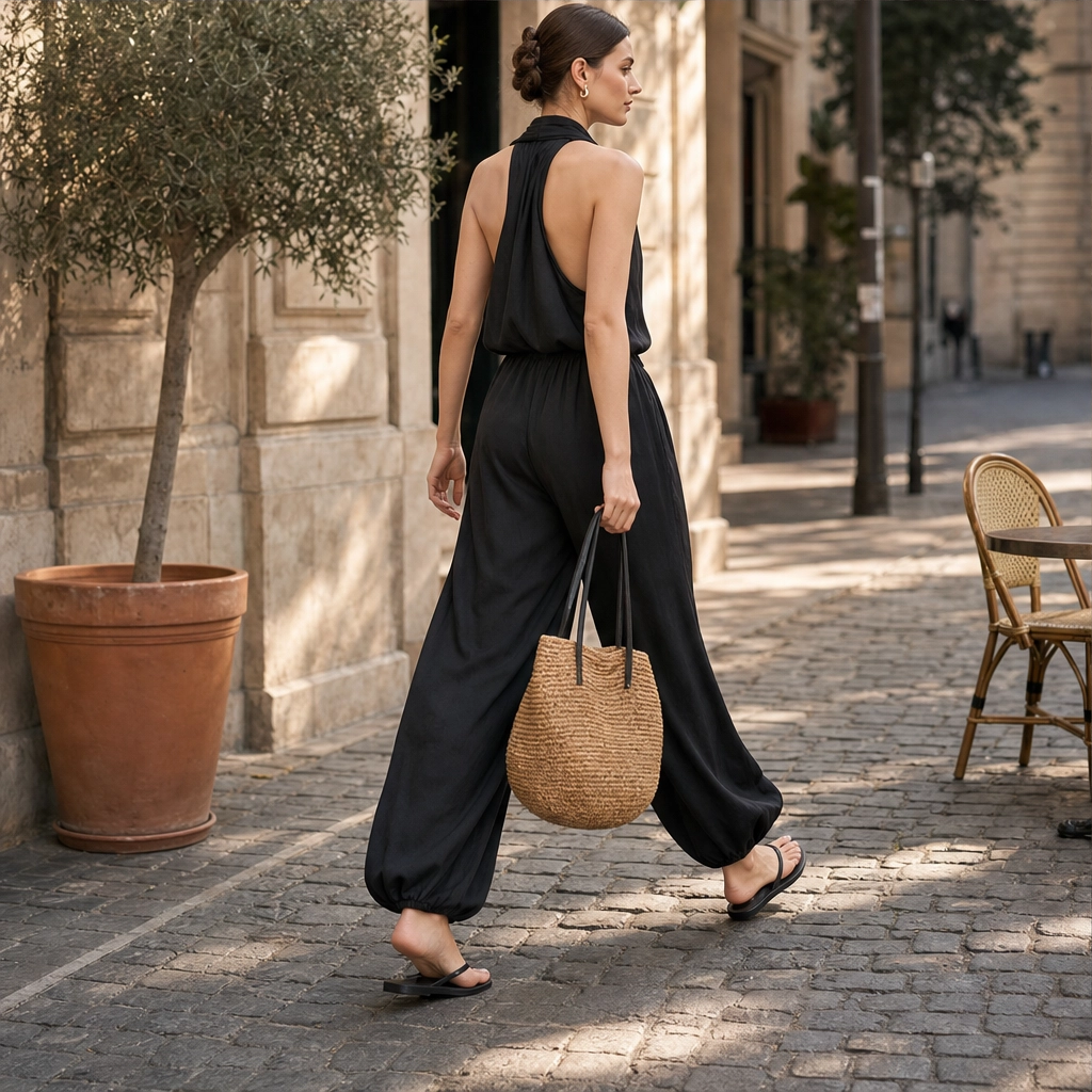 Solenne™ – Draped Cowl-Neck Halter Wide-Leg Jumpsuit + 50% OFF
