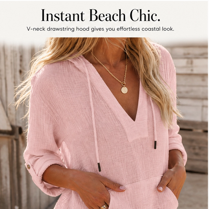 Marisol – Lightweight V-Neck Hooded Beach Cover-Up Top with Pocket + 50% OFF