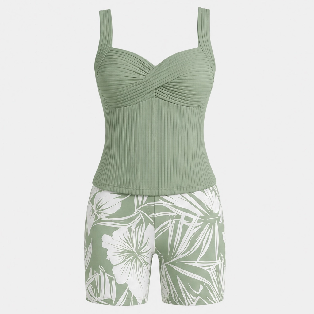 Sundrift™ – Tummy-Smoothing Twist-Front Tankini &amp; Boxer Short Swim Set + 50% OFF