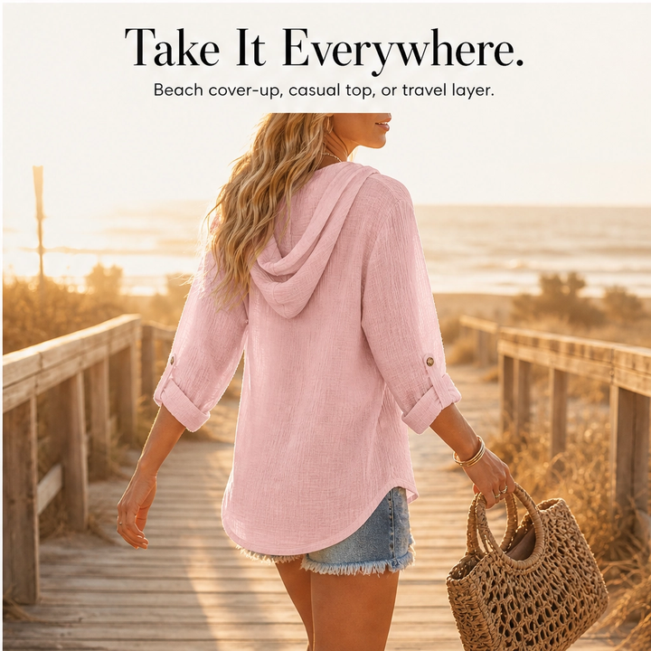 Marisol – Lightweight V-Neck Hooded Beach Cover-Up Top with Pocket + 50% OFF