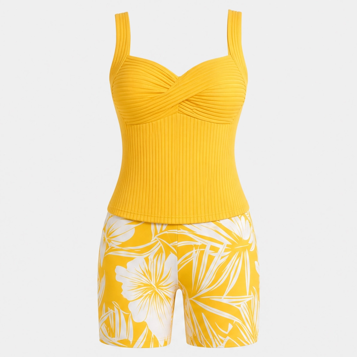 Sundrift™ – Tummy-Smoothing Twist-Front Tankini &amp; Boxer Short Swim Set + 50% OFF