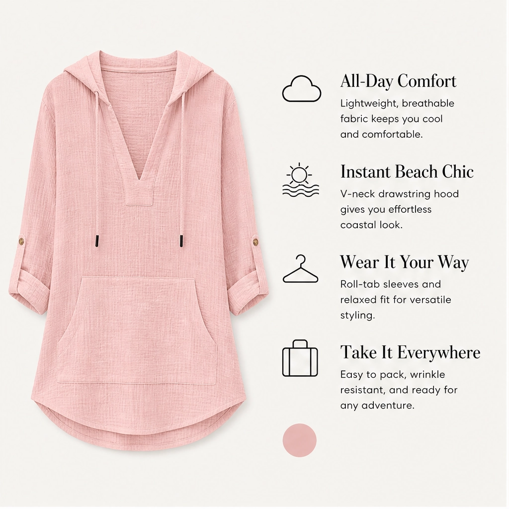 Marisol – Lightweight V-Neck Hooded Beach Cover-Up Top with Pocket + 50% OFF