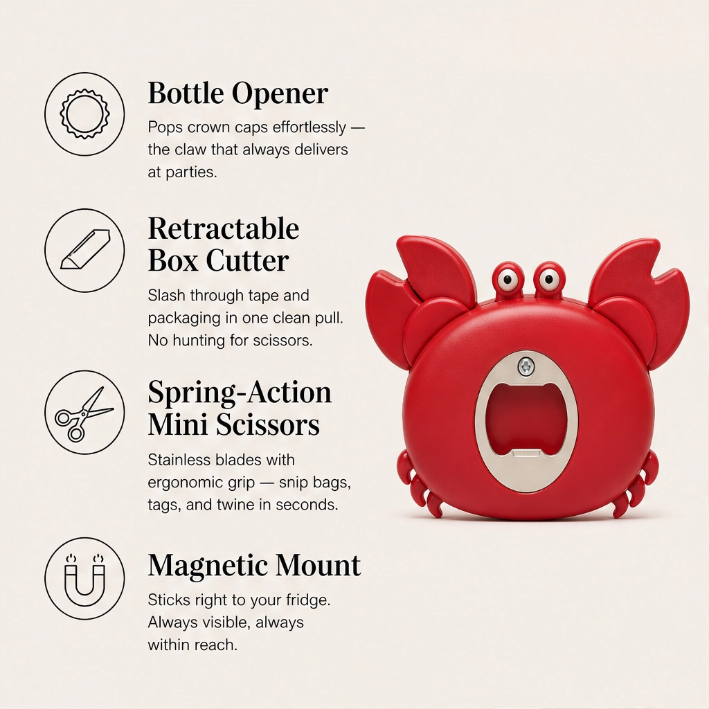 Pinchet – 3-in-1 Magnetic Crab Bottle Opener, Box Cutter &amp; Mini Scissors + 50% OFF