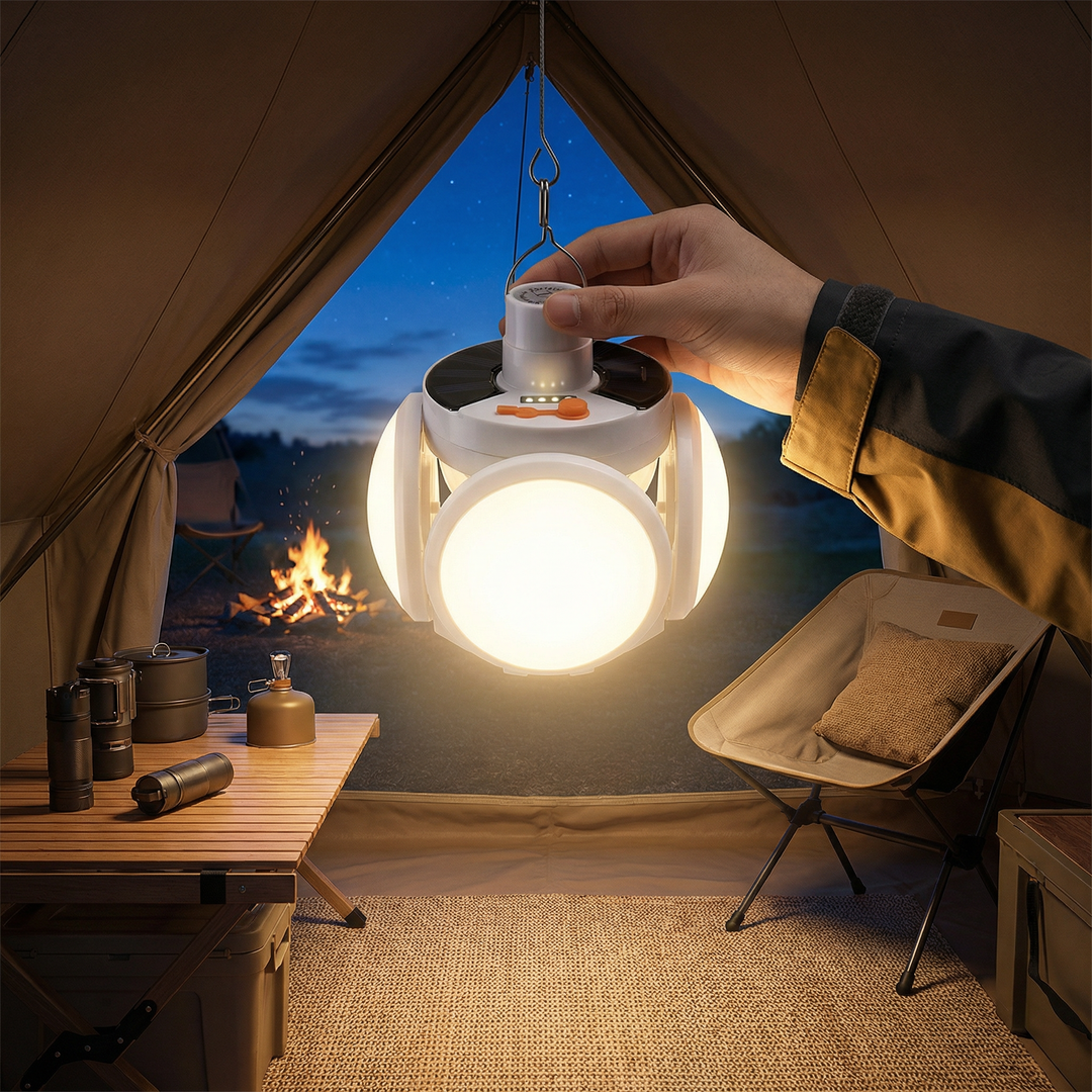 Cairnlight™ – Foldable Solar Camping Lantern with 4 LED Panels &amp; Hanging Hook + 50% OFF
