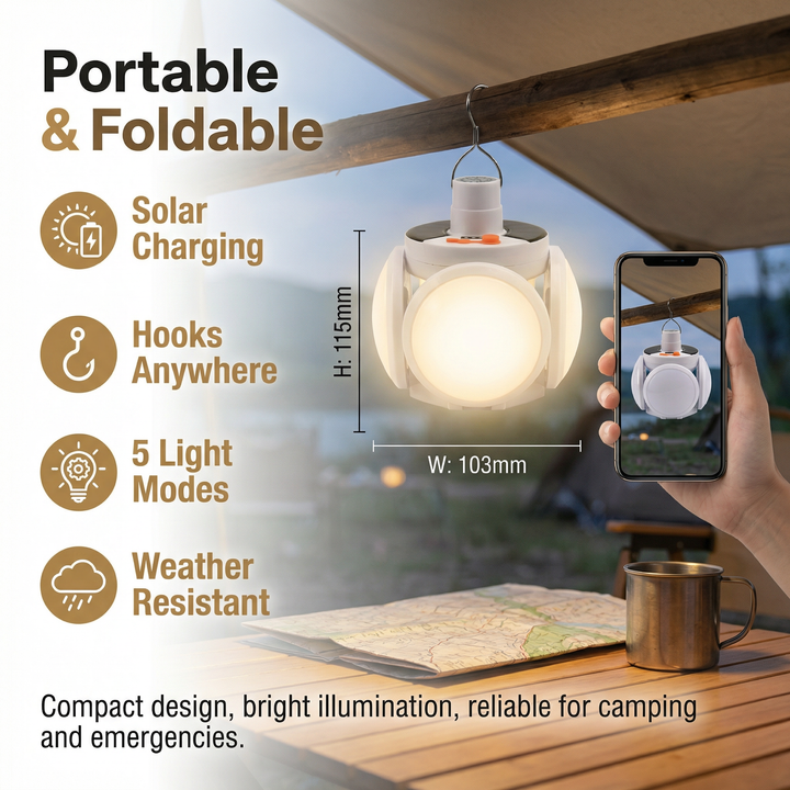 Cairnlight™ – Foldable Solar Camping Lantern with 4 LED Panels &amp; Hanging Hook + 50% OFF