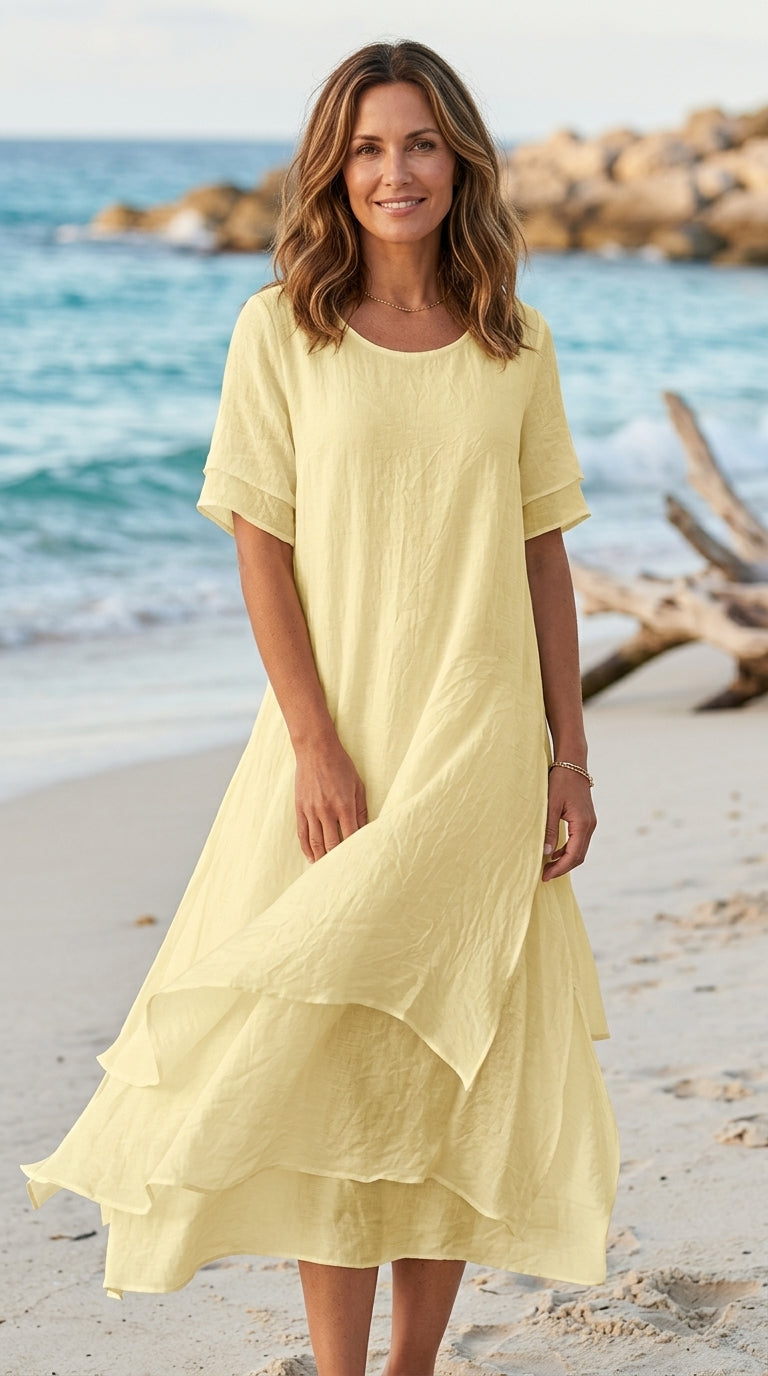 Linwell™ – Layered Cotton-Linen Flowing Midi Dress with Asymmetric Hem + 50% OFF