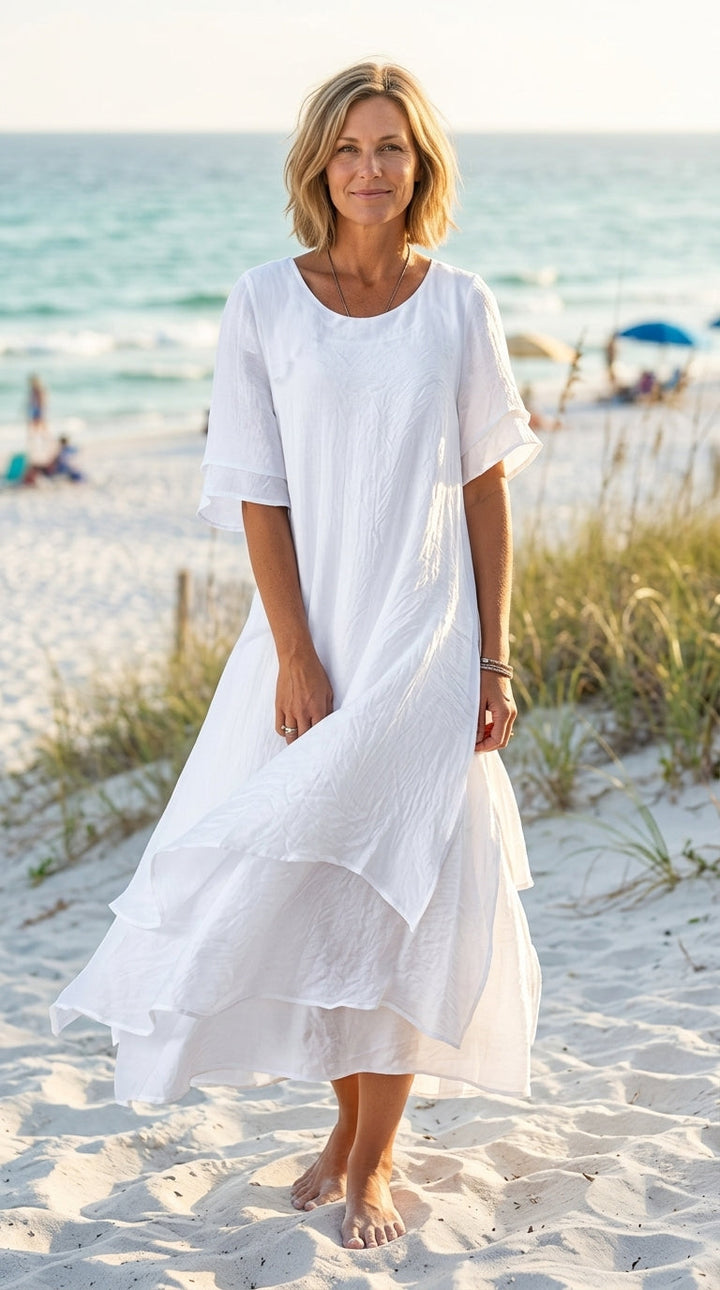 Linwell™ – Layered Cotton-Linen Flowing Midi Dress with Asymmetric Hem + 50% OFF