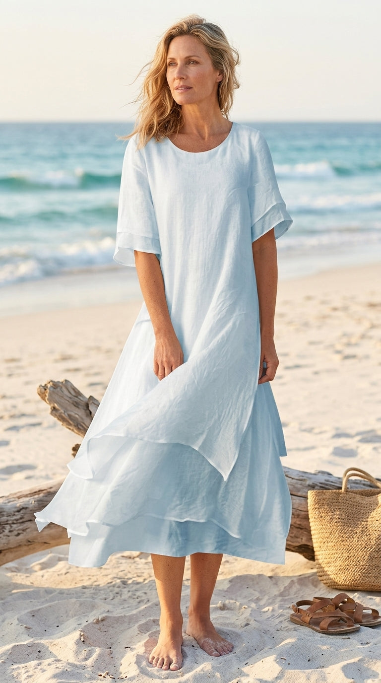 Linwell™ – Layered Cotton-Linen Flowing Midi Dress with Asymmetric Hem + 50% OFF