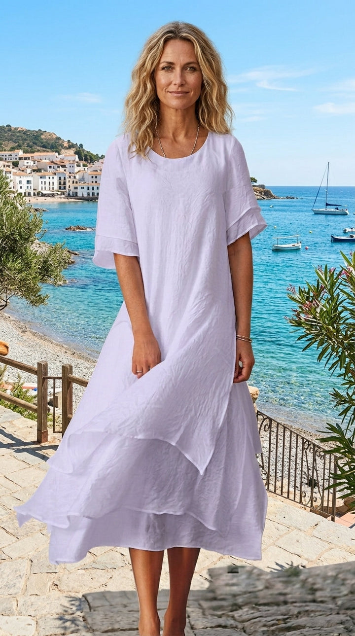 Linwell™ – Layered Cotton-Linen Flowing Midi Dress with Asymmetric Hem + 50% OFF