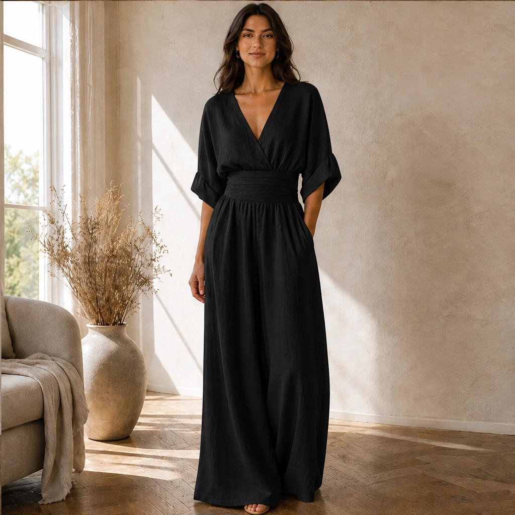 Calla – V-Neck Cinched-Waist Wide-Leg Jumpsuit + 50% OFF