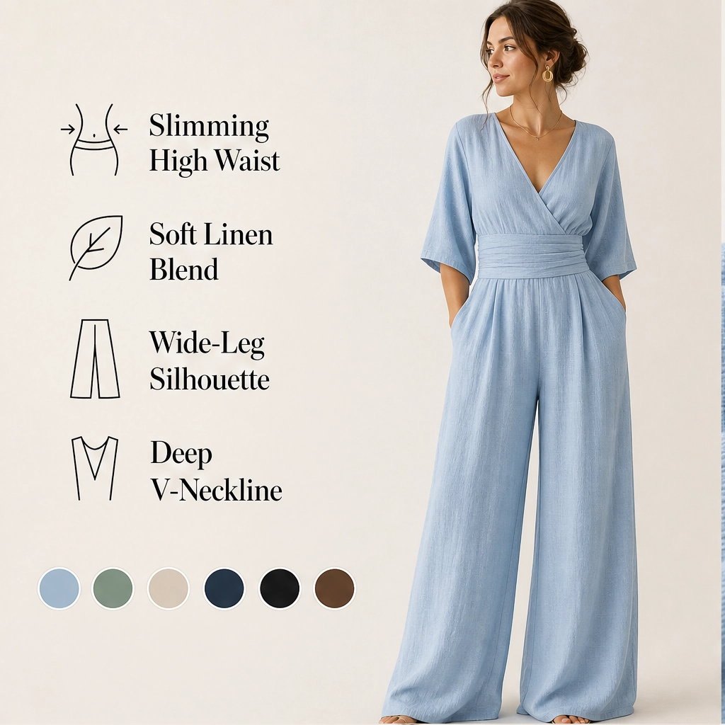 Calla – V-Neck Cinched-Waist Wide-Leg Jumpsuit + 50% OFF