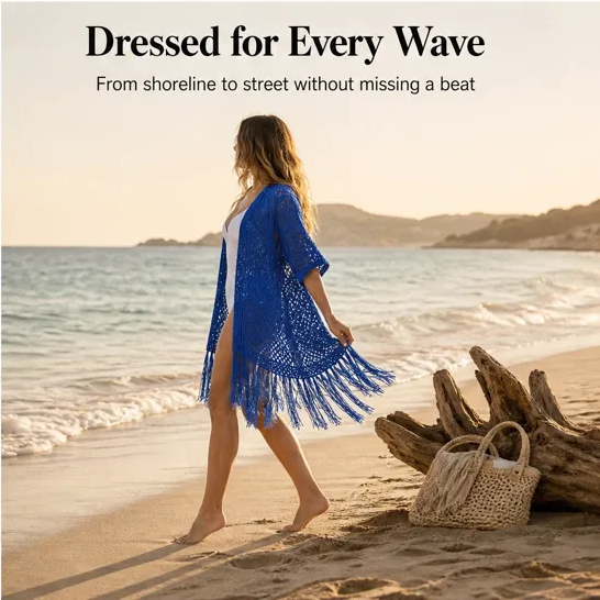 Sundrift™ – Breathable Open-Knit Fringe Cover-Up Cardigan + 50% OFF