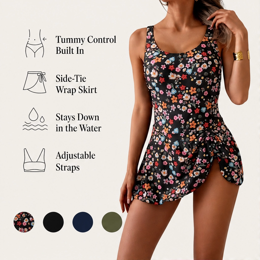 Solène – Tummy-Control Skirted One-Piece Swim Dress with Built-In Shorts + 50% OFF