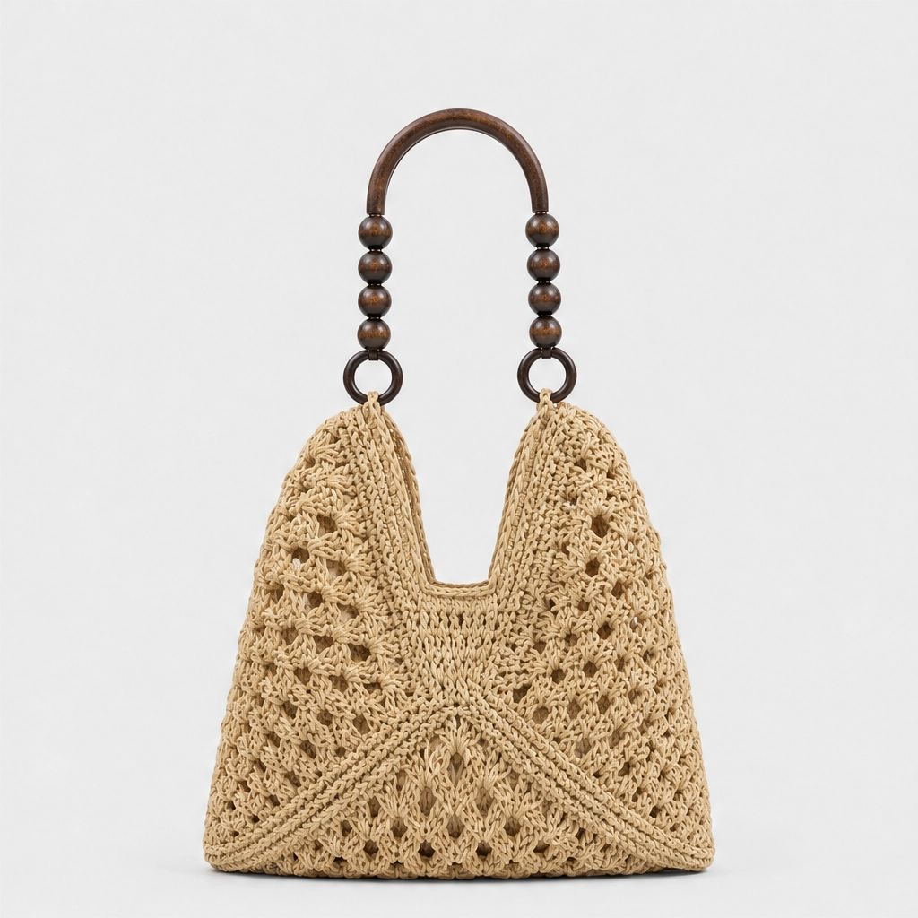 Dunecove™ – Handwoven Crochet Straw Shoulder Bag with Wooden Bead Handles + 50% OFF