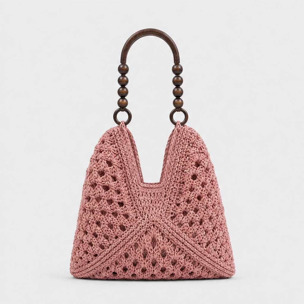 Dunecove™ – Handwoven Crochet Straw Shoulder Bag with Wooden Bead Handles + 50% OFF